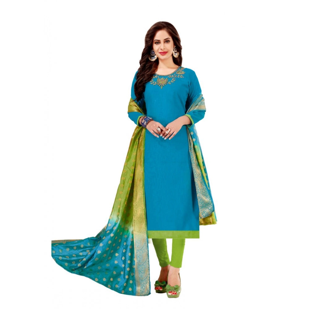 PKRKART Women's Slub Cotton Unstitched Salwar-Suit Material With Dupatta (Blue, 2-2.5mtrs)