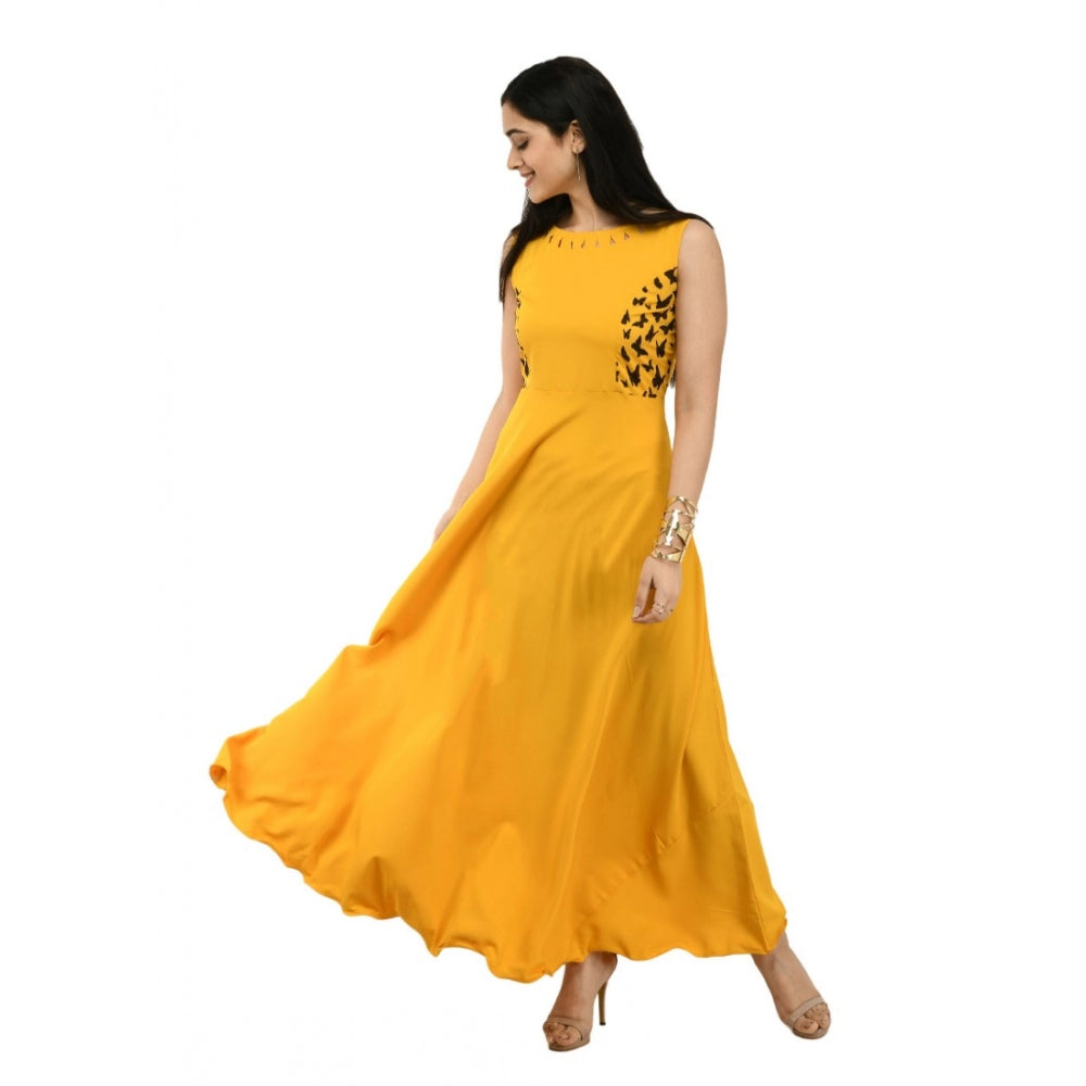 PKRKART Women's Crepe Solid Sleeveless Full Length Gown(Yellow)