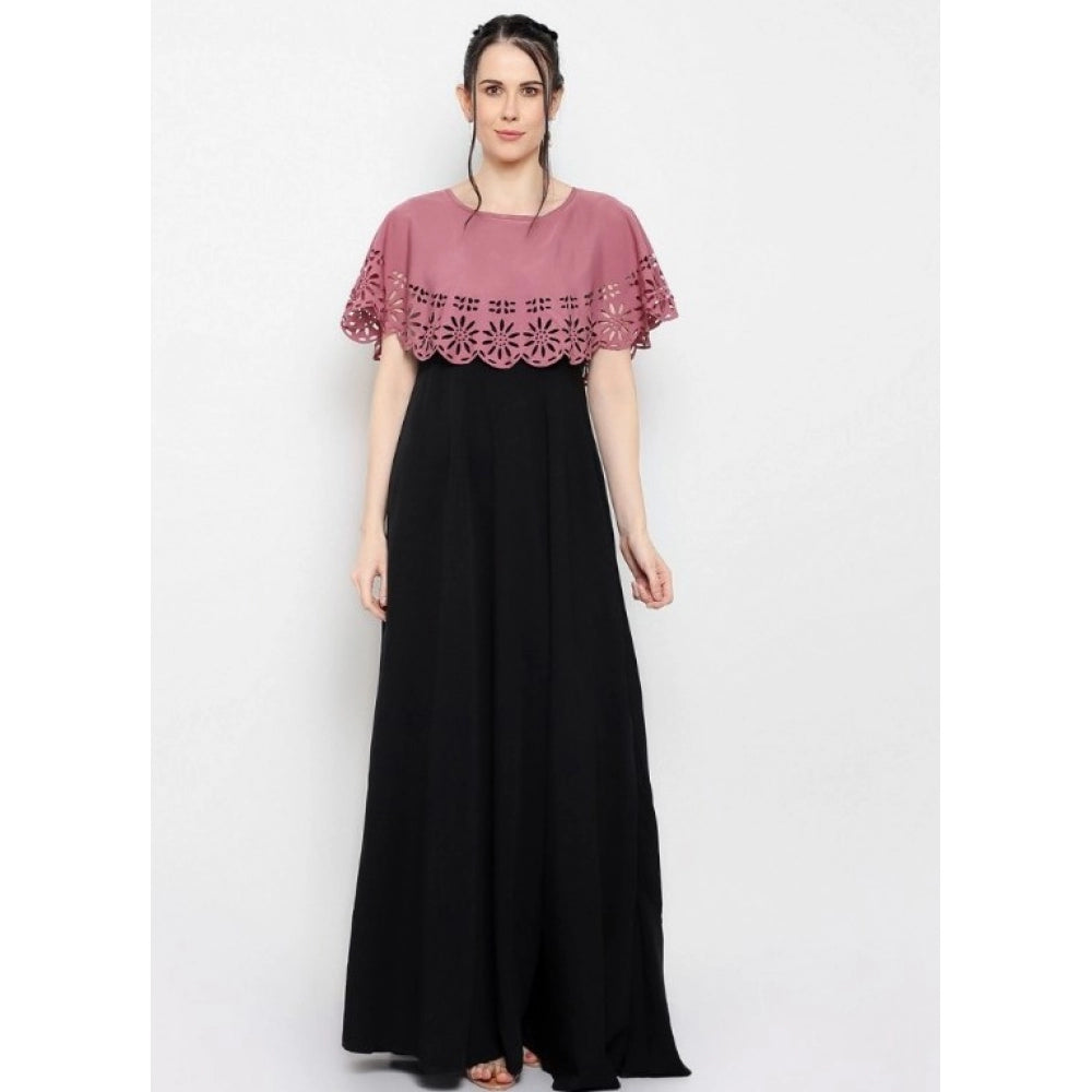 PKRKART Women's Crepe Solid Sleeveless Full Length Gown(Peach Black)