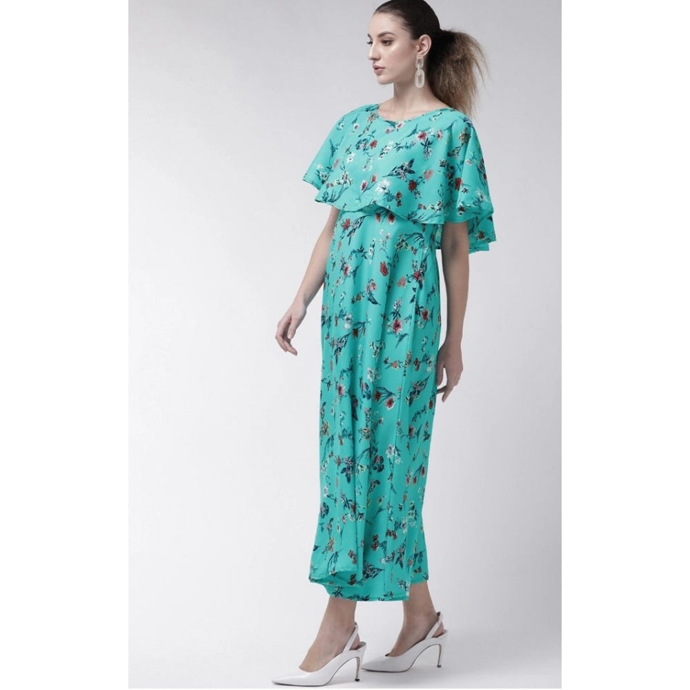 PKRKART Women's Crepe Floral Half Sleeves Full Length Gown(Turquoise)