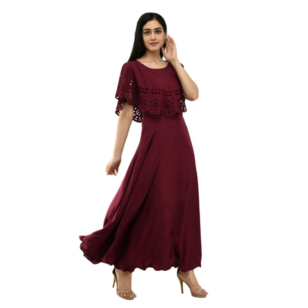 PKRKART Women's Crepe Solid Sleeveless Full Length Gown(Wine)