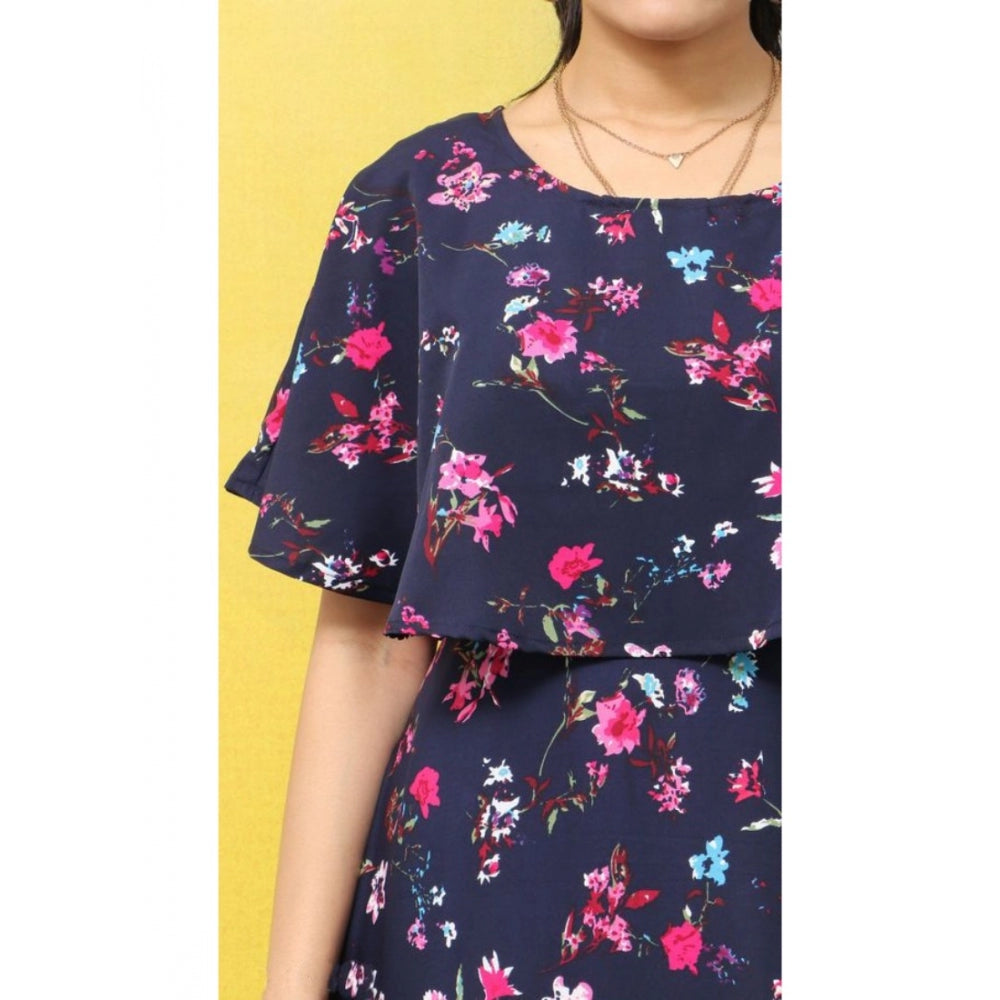 PKRKART Women's Crepe Floral Half Sleeves Full Length Gown(Dark Blue)