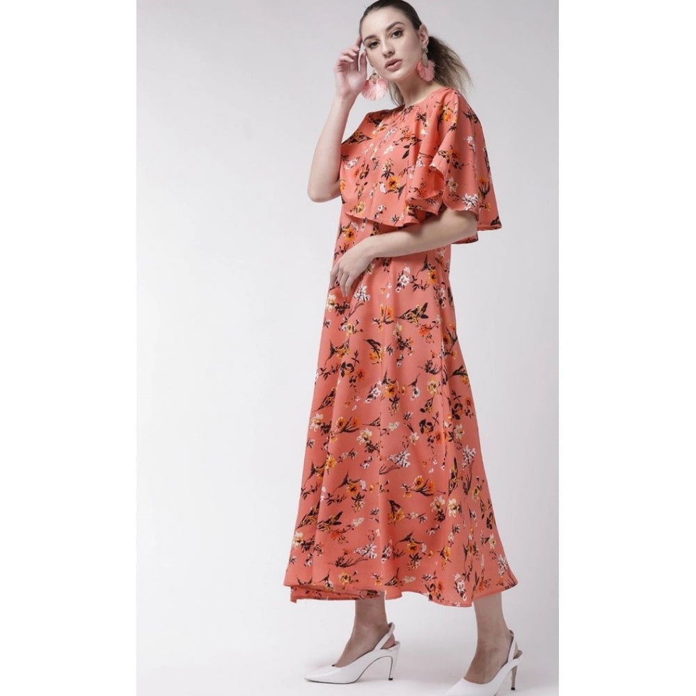 PKRKART Women's Crepe Floral Half Sleeves Full Length Gown(Orange)