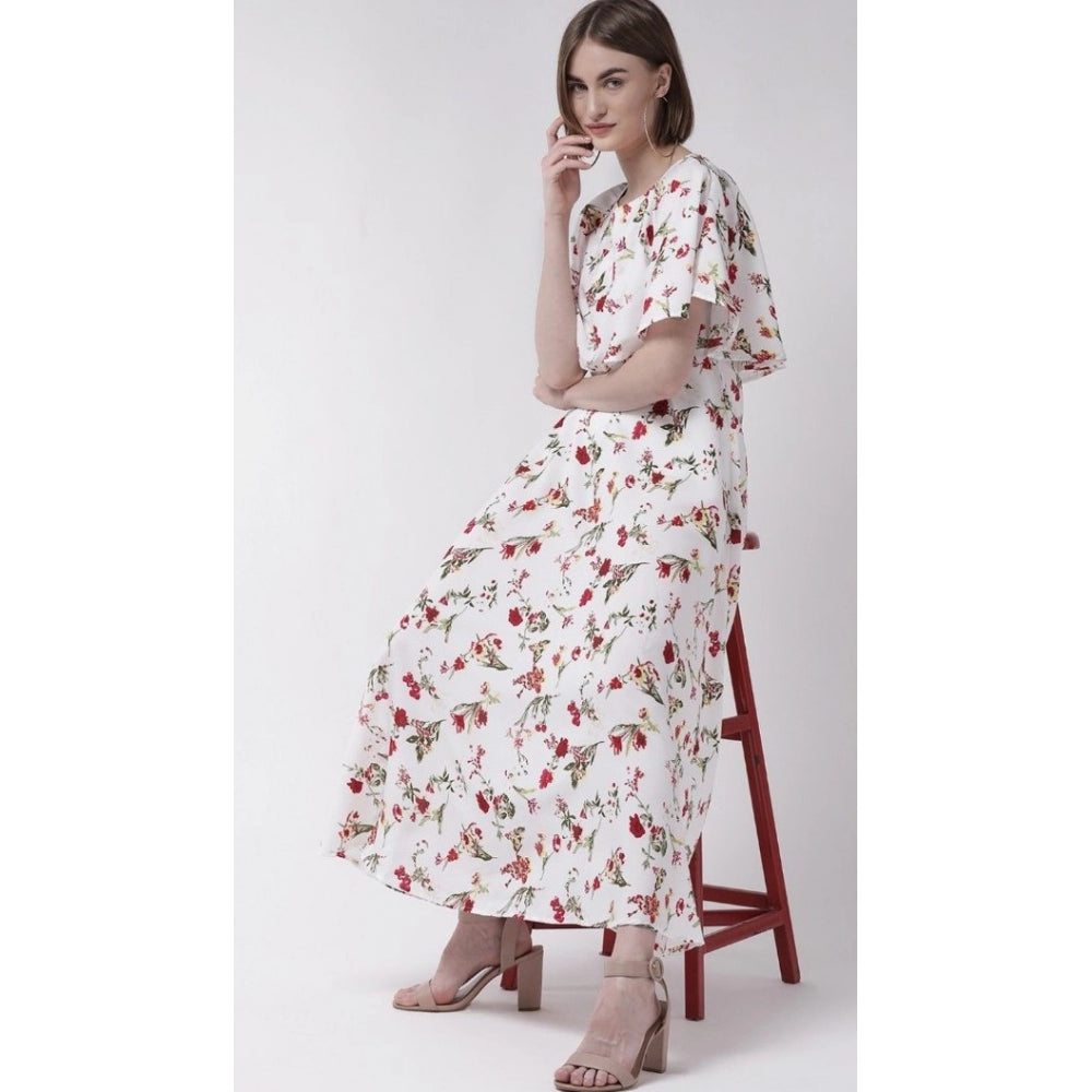 PKRKART Women's Crepe Floral Half Sleeves Full Length Gown(White)
