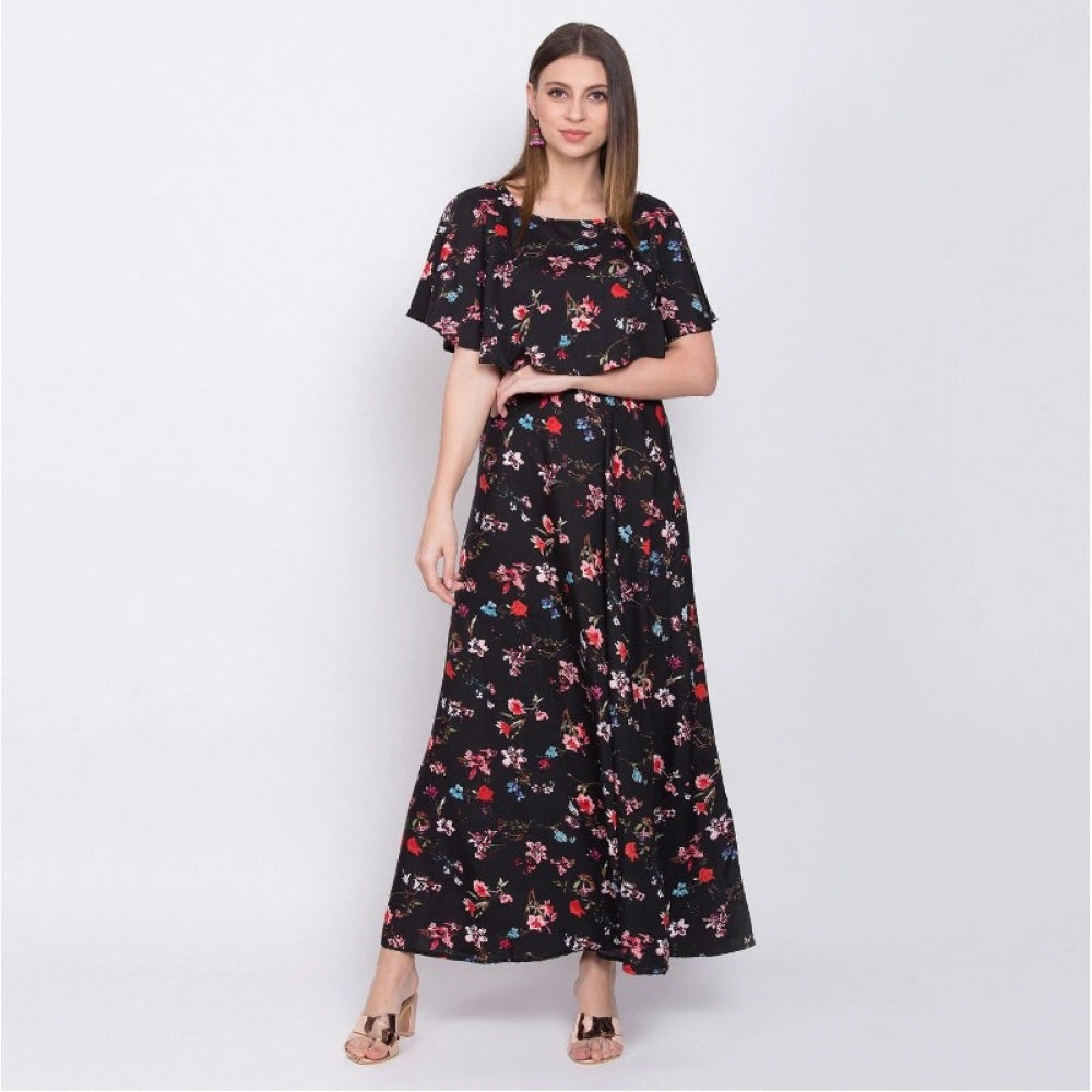 PKRKART Women's Crepe Floral Half Sleeves Full Length Gown(Black)