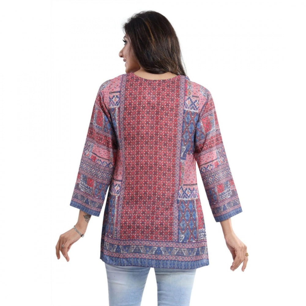 PKRKART Women's Quarter Sleeve Faux Crepe Printed Short Kurti Tunic Top (Color:Multicolor)
