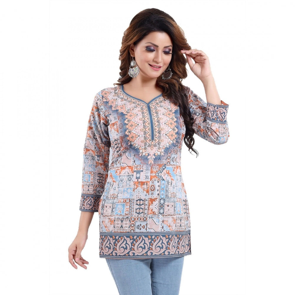 PKRKART Women's Quarter Sleeve Faux Crepe Printed Short Kurti Tunic Top (Color:Blue)