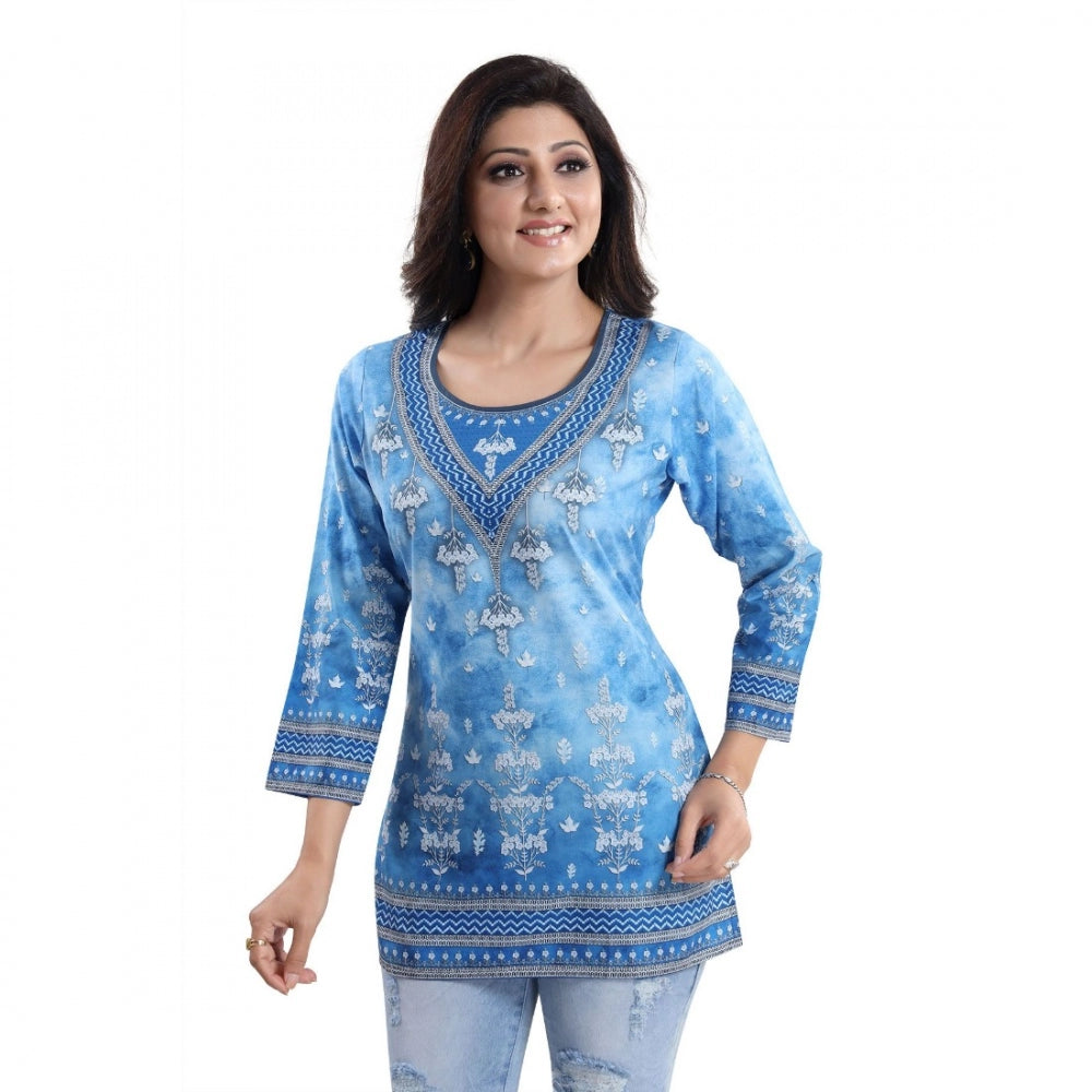 PKRKART Women's Quarter Sleeve Faux Crepe Printed Short Kurti Tunic Top (Color:Sky Blue)