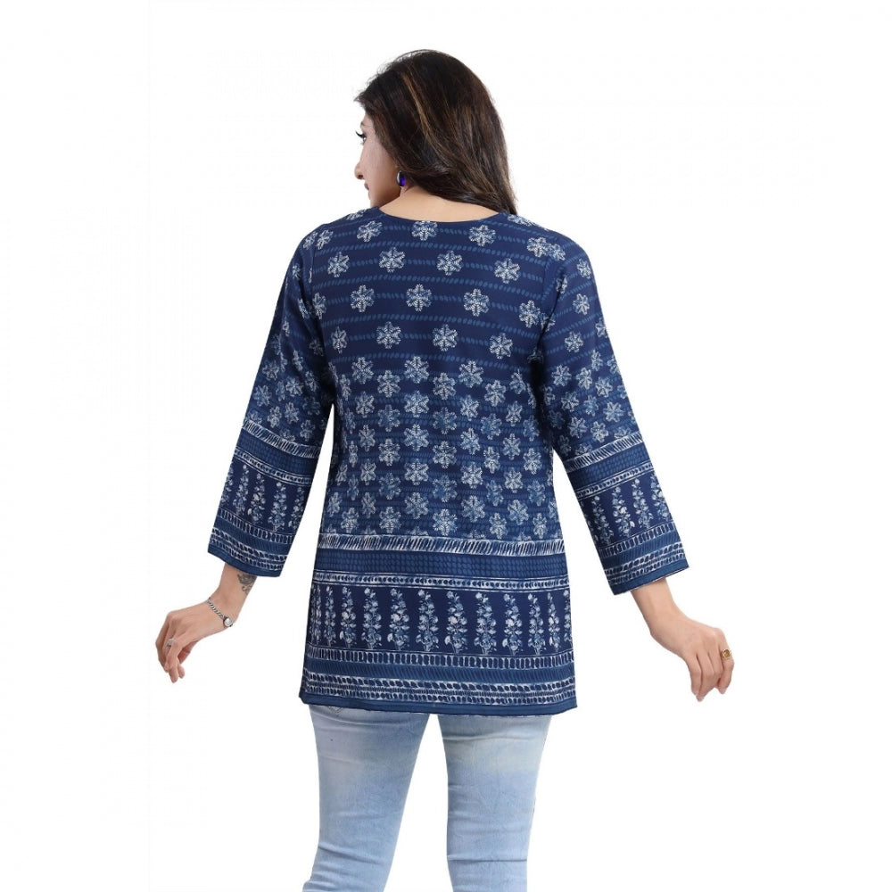 PKRKART Women's Quarter Sleeve Faux Crepe Printed Short Kurti Tunic Top (Color:Blue)