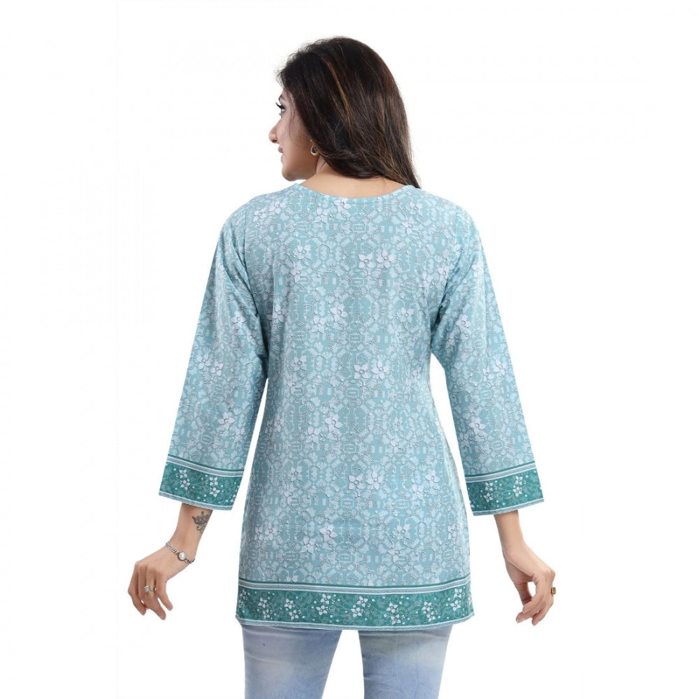PKRKART Women's Quarter Sleeve Faux Crepe Printed Short Kurti Tunic Top (Color:Blue)