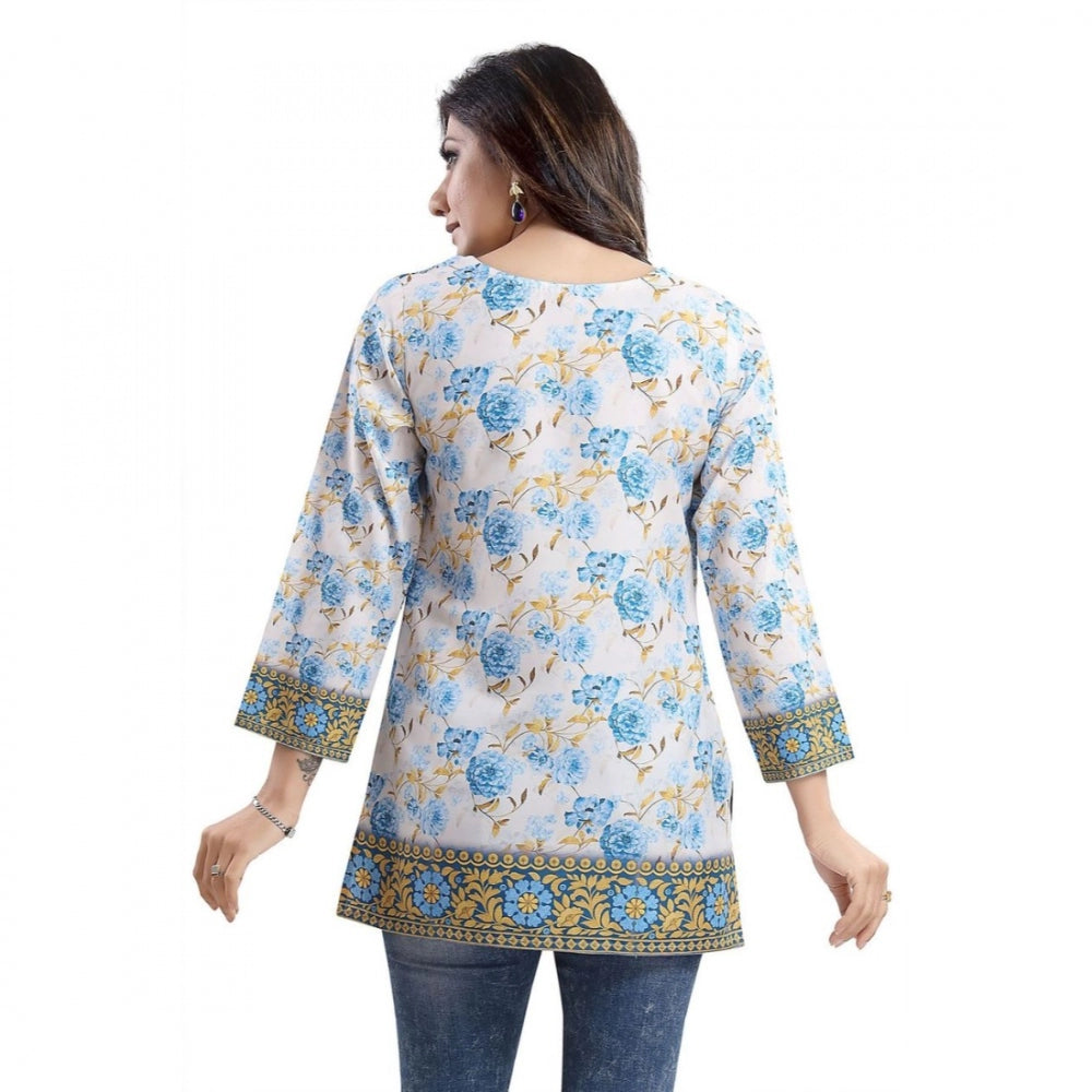 PKRKART Women's Quarter Sleeve Faux Crepe Printed Short Kurti Tunic Top (Color:White)
