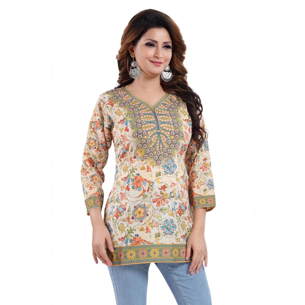 PKRKART Women's Quarter Sleeve Faux Crepe Printed Short Kurti Tunic Top (Color:Multicolor)