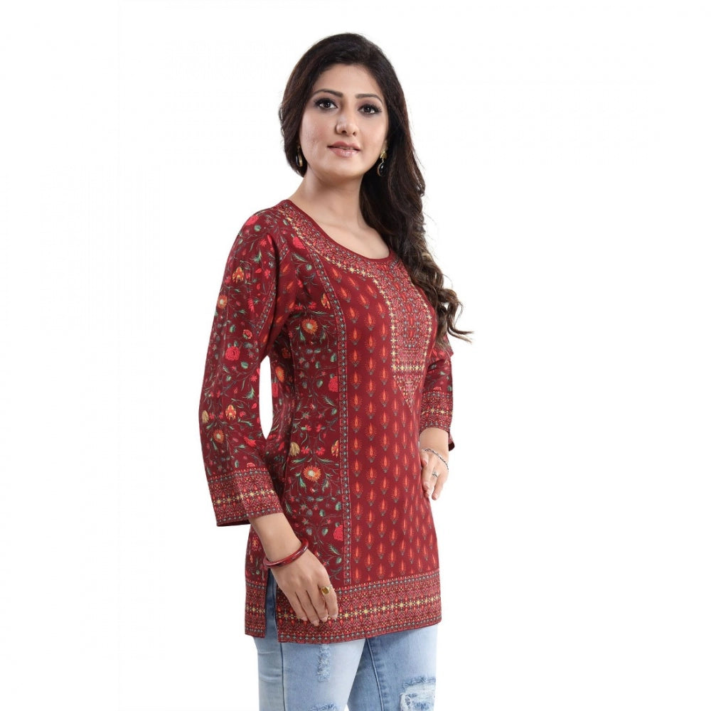 PKRKART Women's Quarter Sleeve Faux Crepe Printed Short Kurti Tunic Top (Color:Red)