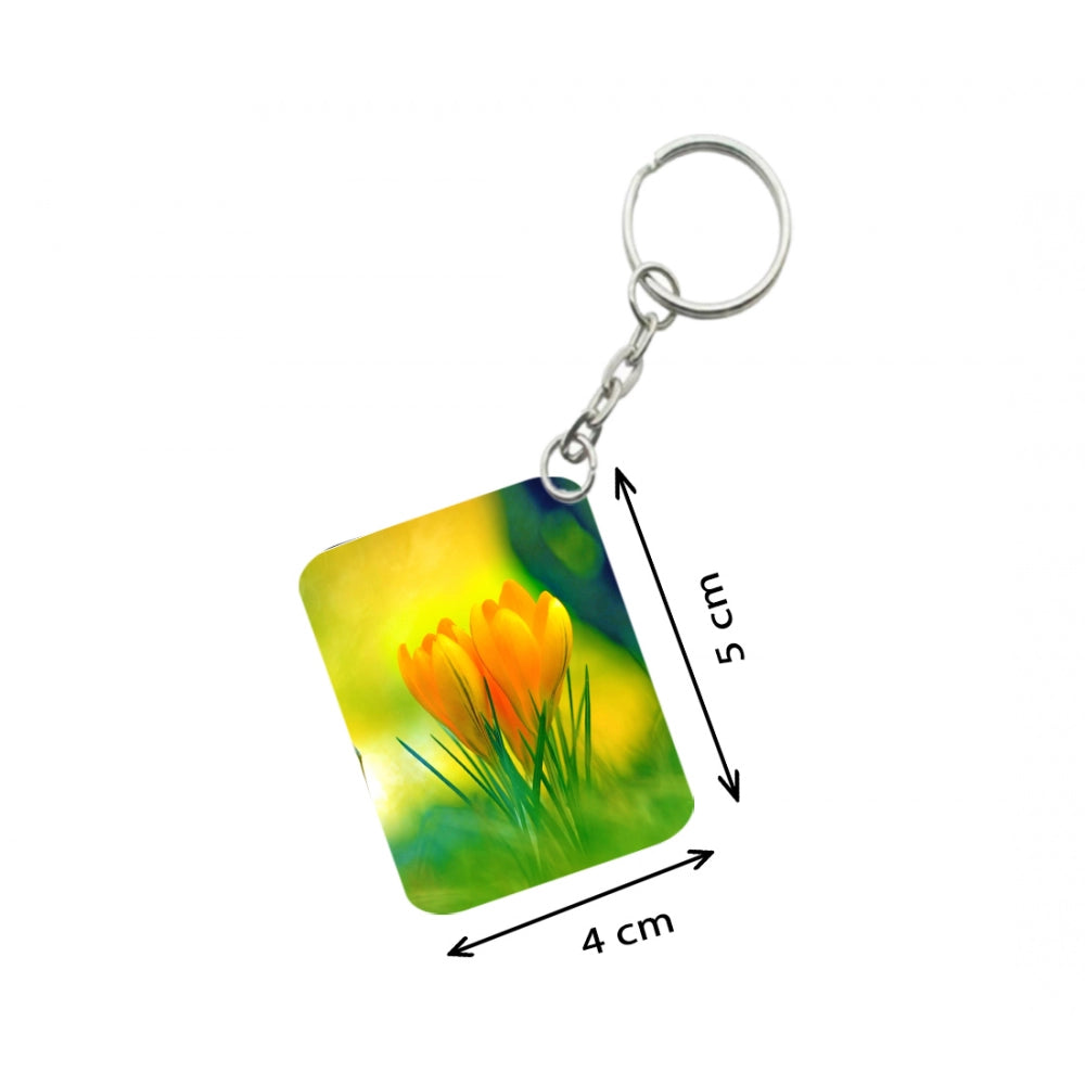 PKR Kart Pack Of 3_ Yellow Flower One Side Printed Rectangle Designer Keychain (Yellow)