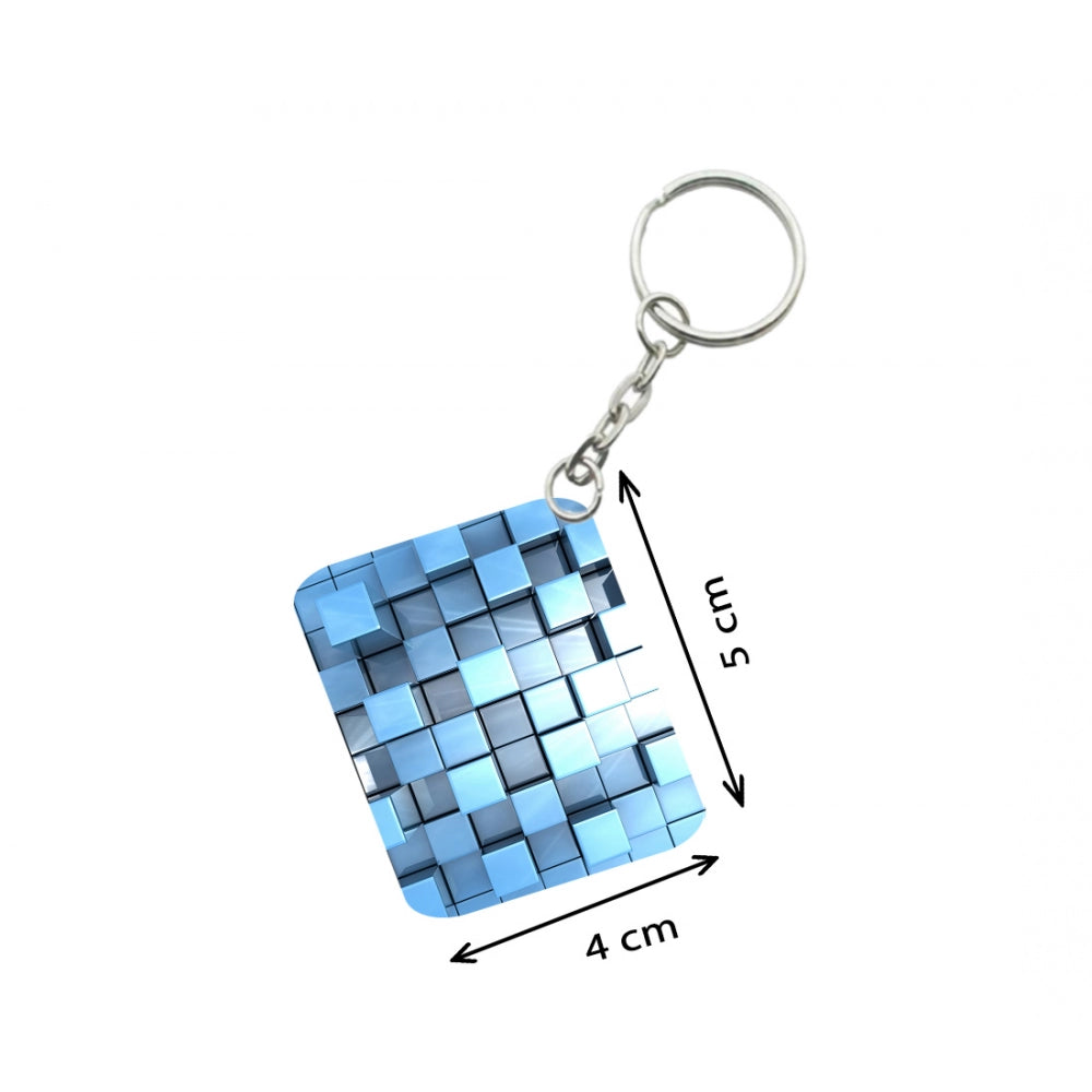 PKR Kart Pack Of 3_ Blue Cubes One Side Printed Rectangle Designer Keychain (Blue)