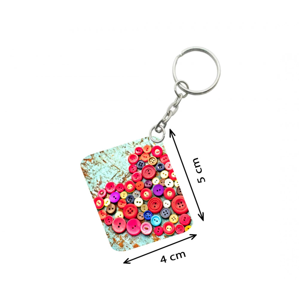 PKR Kart Pack Of 3_ Heart Shape Decorated With Buttons One Side Printed Rectangle Designer Keychain (Multi Color)