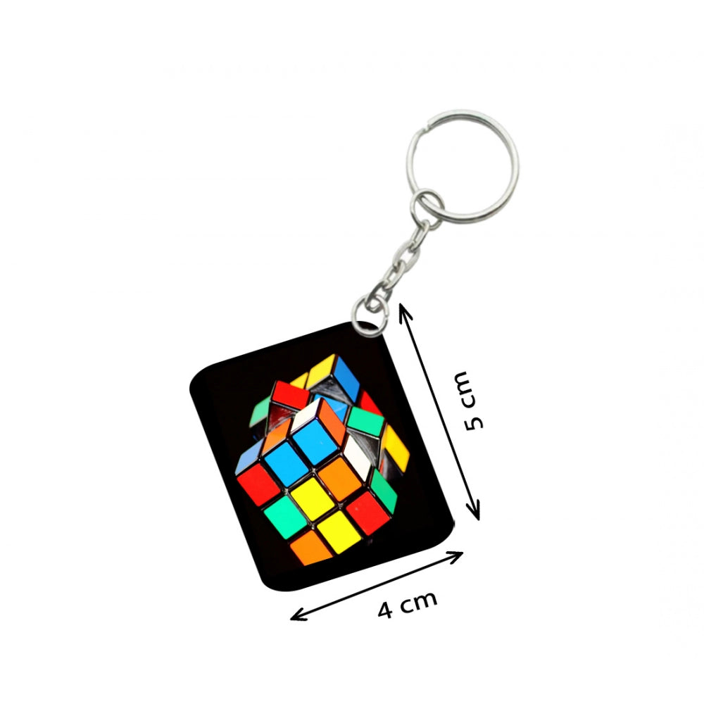 PKR Kart Pack Of 3_ Rubiks Cube One Side Printed Rectangle Designer Keychain (Multi Color)