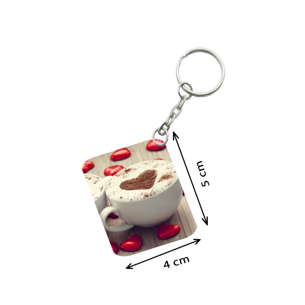 PKR Kart Pack Of 3_ Cup Of Coffee With Heart-Shaped Froth One Side Printed Rectangle Designer Keychain (White)