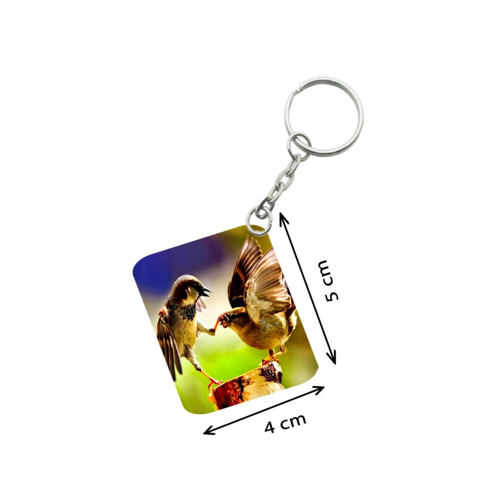 PKR Kart Pack Of 3_ Birds Love One Side Printed Rectangle Designer Keychain (Multi Color)