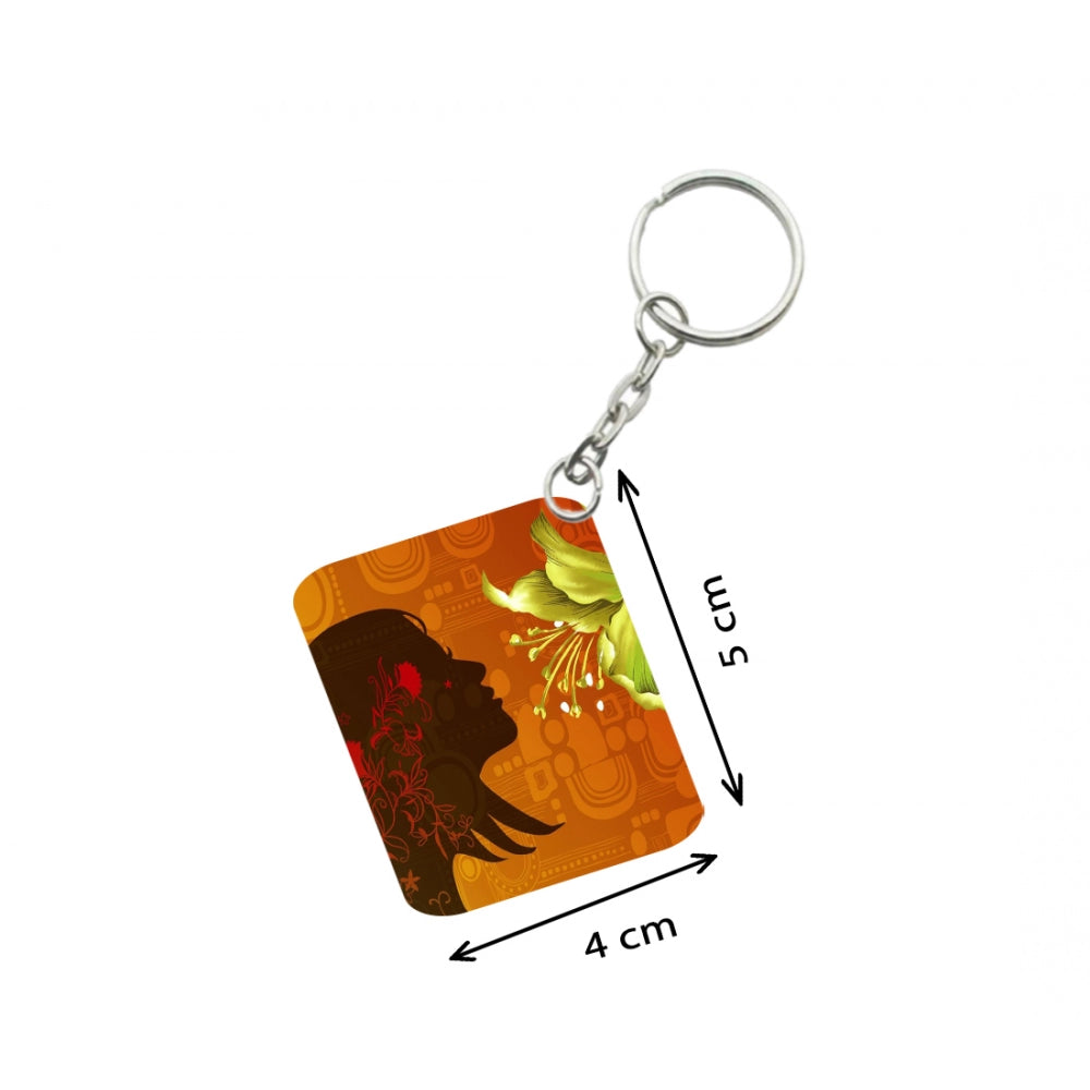 PKR Kart Pack Of 3_ Woman Face Decorated With Flowers One Side Printed Rectangle Designer Keychain (Orange)