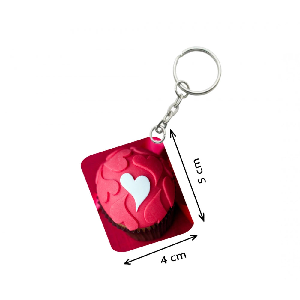 PKR Kart Pack Of 3_ Cake Shape Pink Heart One Side Printed Rectangle Designer Keychain (Red)