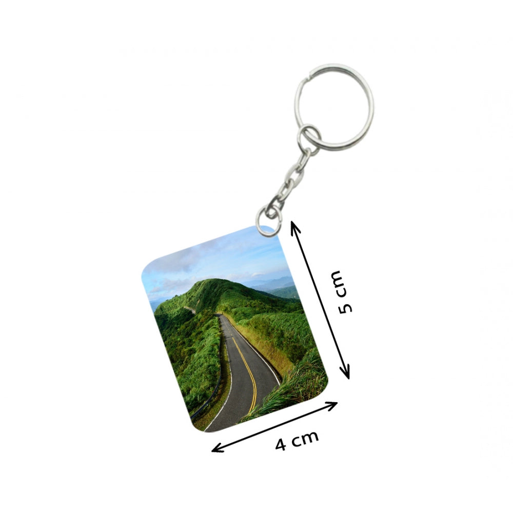 PKR Kart Pack Of 3_ Landscape Mountains Road Green One Side Printed Rectangle Designer Keychain (Green)