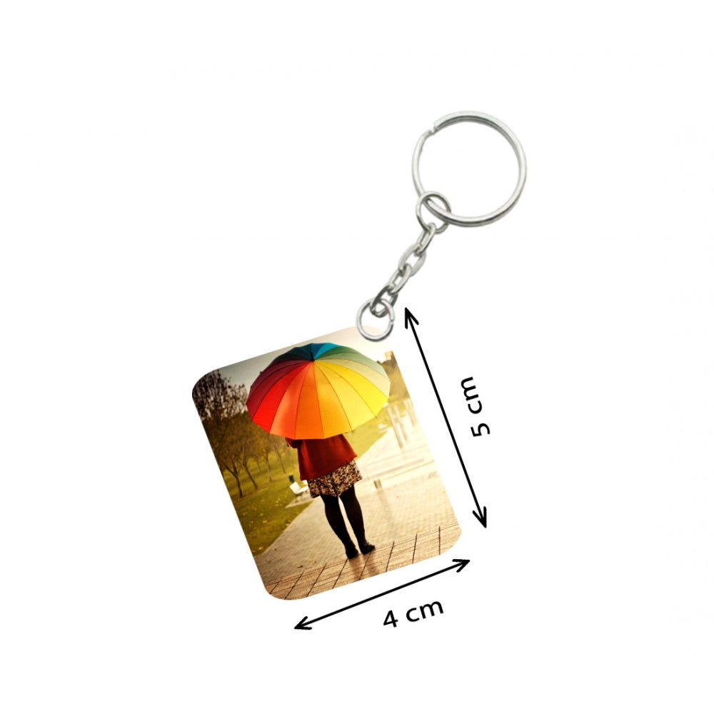 PKR Kart Pack Of 3_ Girl Under Umbrella One Side Printed Rectangle Designer Keychain (Multi Color)