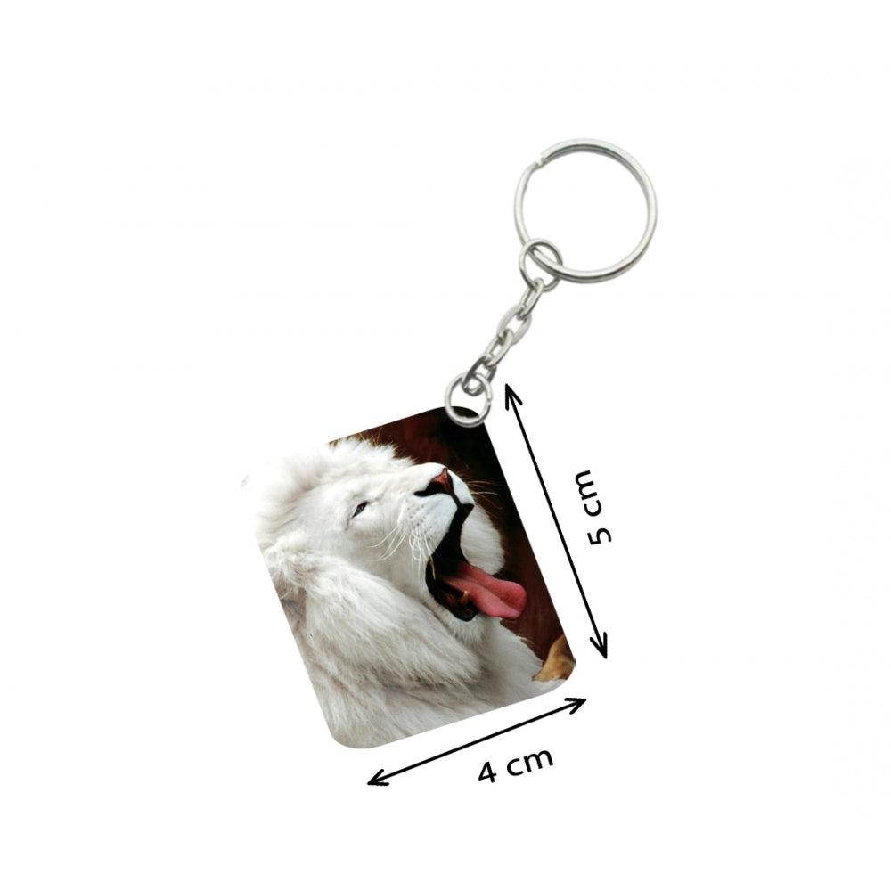 PKR Kart Pack Of 3_ White Lion One Side Printed Rectangle Designer Keychain (White)