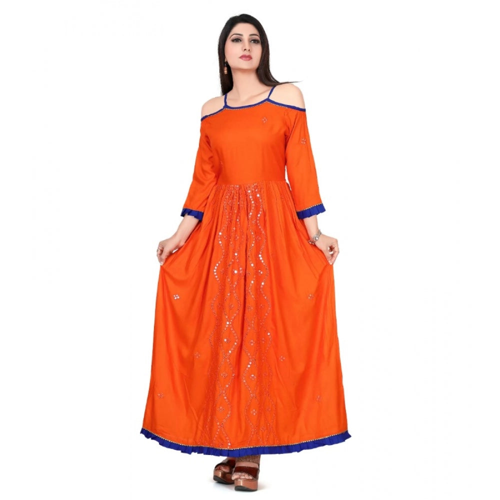 PKRKART Women's Rayon Cotton Orange Embroidered Long Kurti