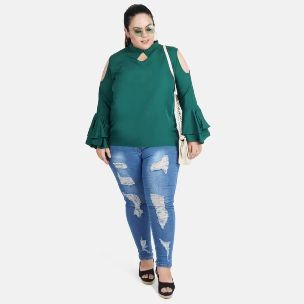 PKRKART Women's Casual Bell Sleeve Solid Green Top (Color:Green, Material:Crepe)