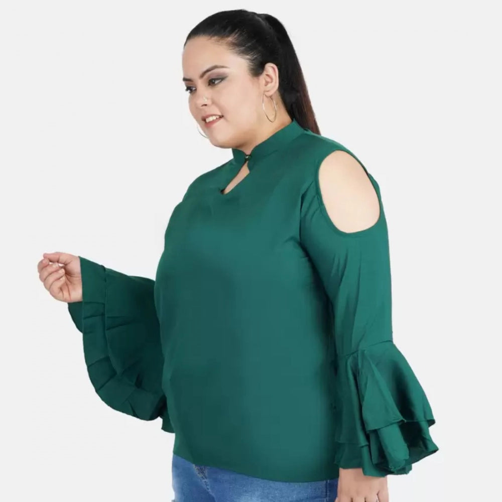 PKRKART Women's Casual Bell Sleeve Solid Green Top (Color:Green, Material:Crepe)