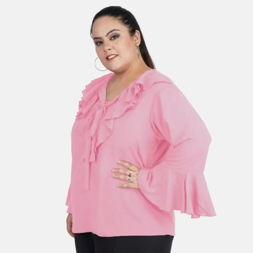 PKRKART Women's Casual Bell Sleeve Solid Pink Top (Color:Pink, Material:Georgette)