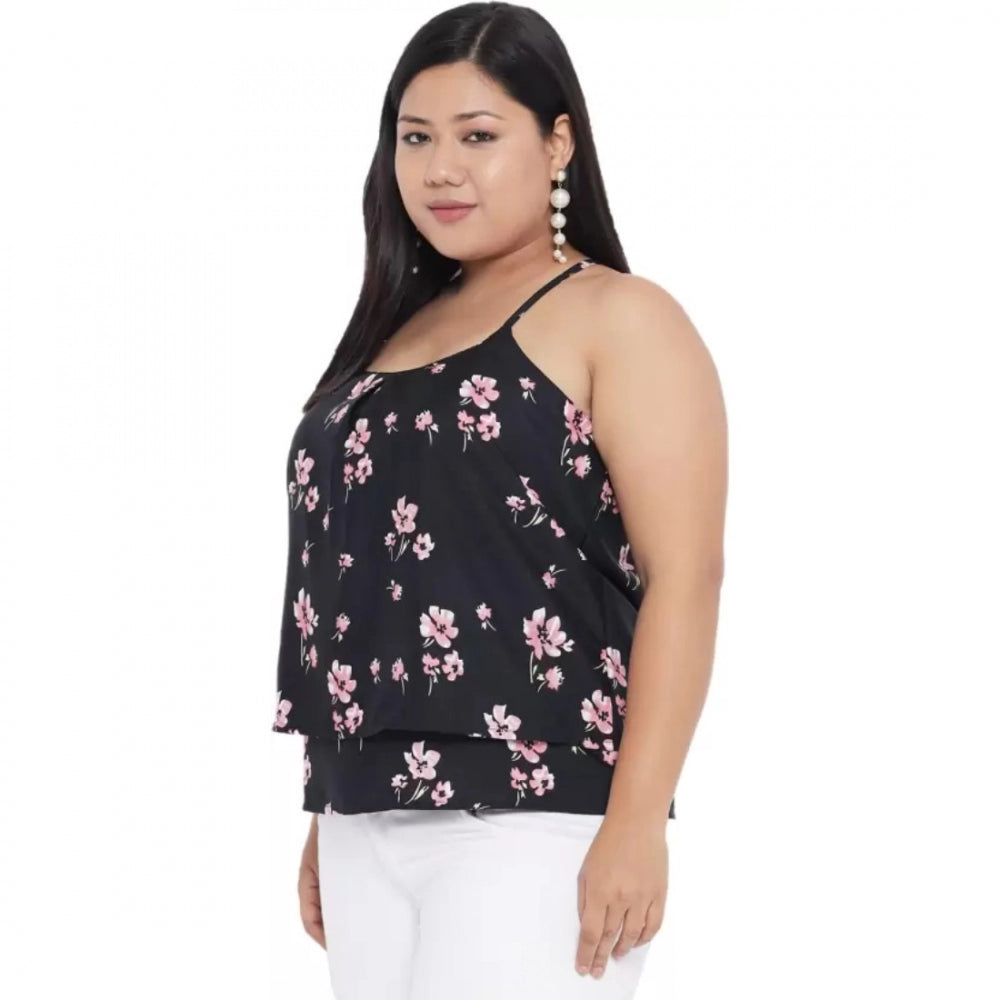 PKRKART Women's Casual Floral Print Black Top (Color:Black, Material:Polyester)