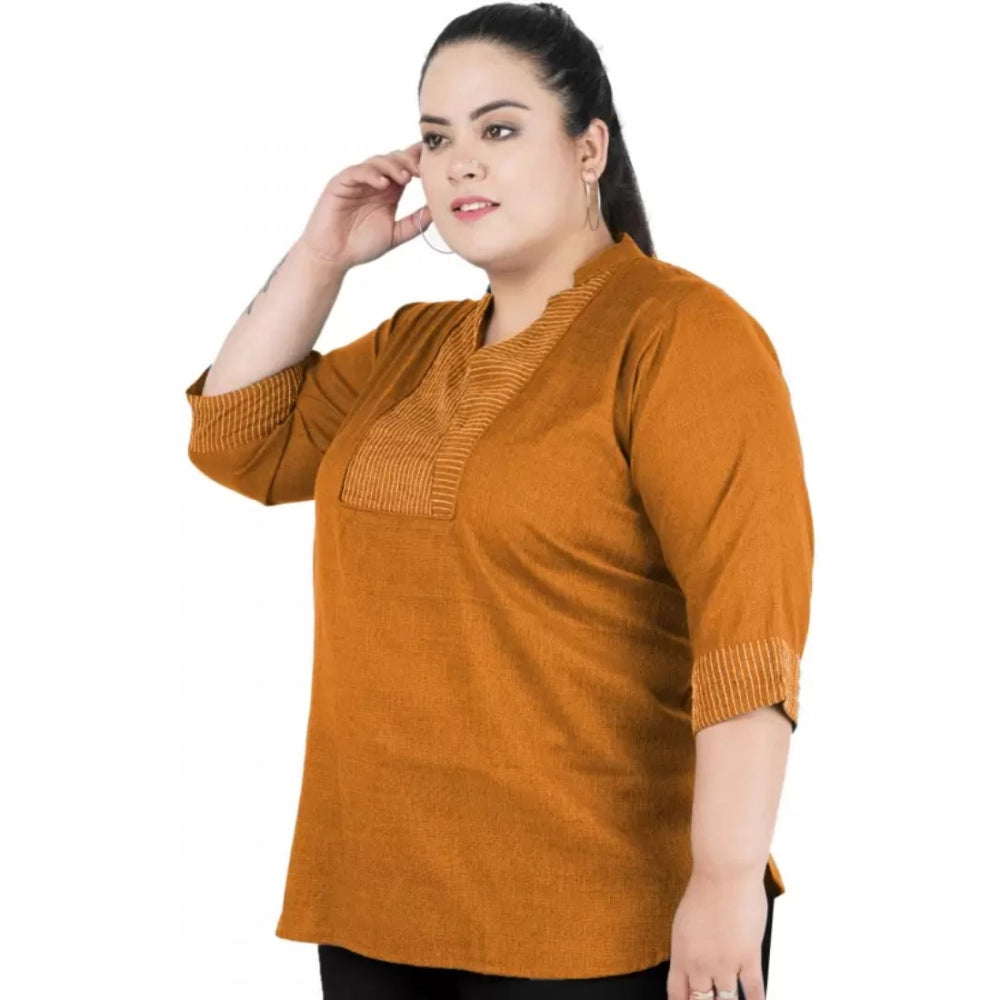 PKRKART Women's Casual Three Fourth Sleeve Embroidered Yellow Top (Color:Yellow, Material:Cotton Linen Blend)