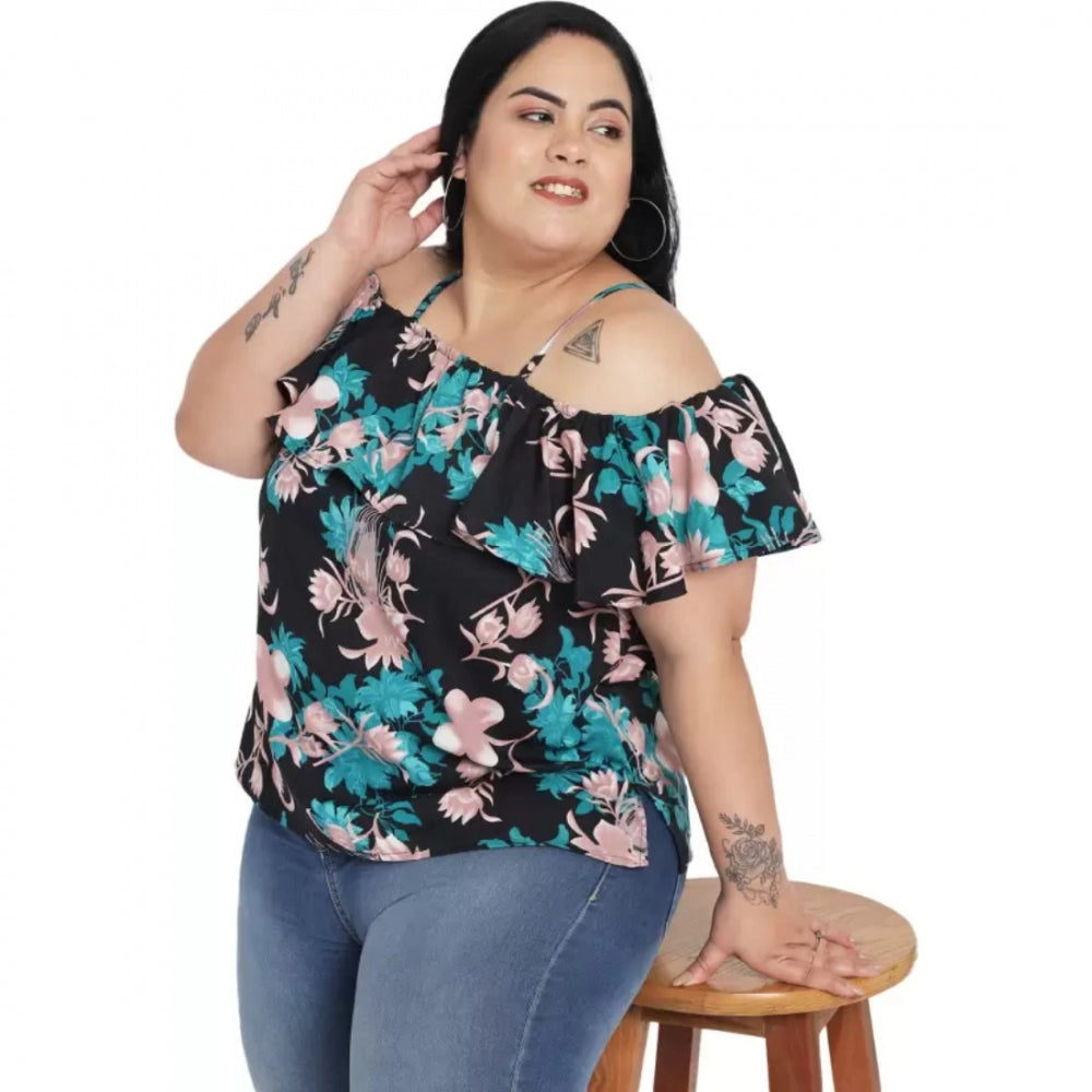 PKRKART Women's Casual Floral Print Black Top (Color:Black, Material:Polyester)