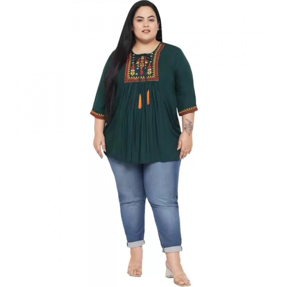 PKRKART Women's Casual Embroidered Dark Green Top (Color:Dark Green, Material:Rayon)