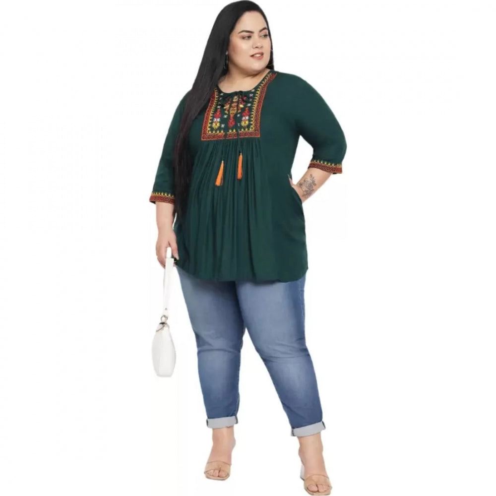 PKRKART Women's Casual Embroidered Dark Green Top (Color:Dark Green, Material:Rayon)