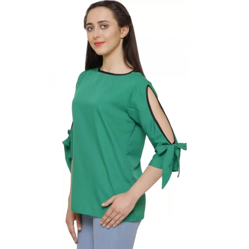 PKRKART Women's Casual Slit Sleeve Solid Green Top (Color:Green, Material:Poly Crepe)