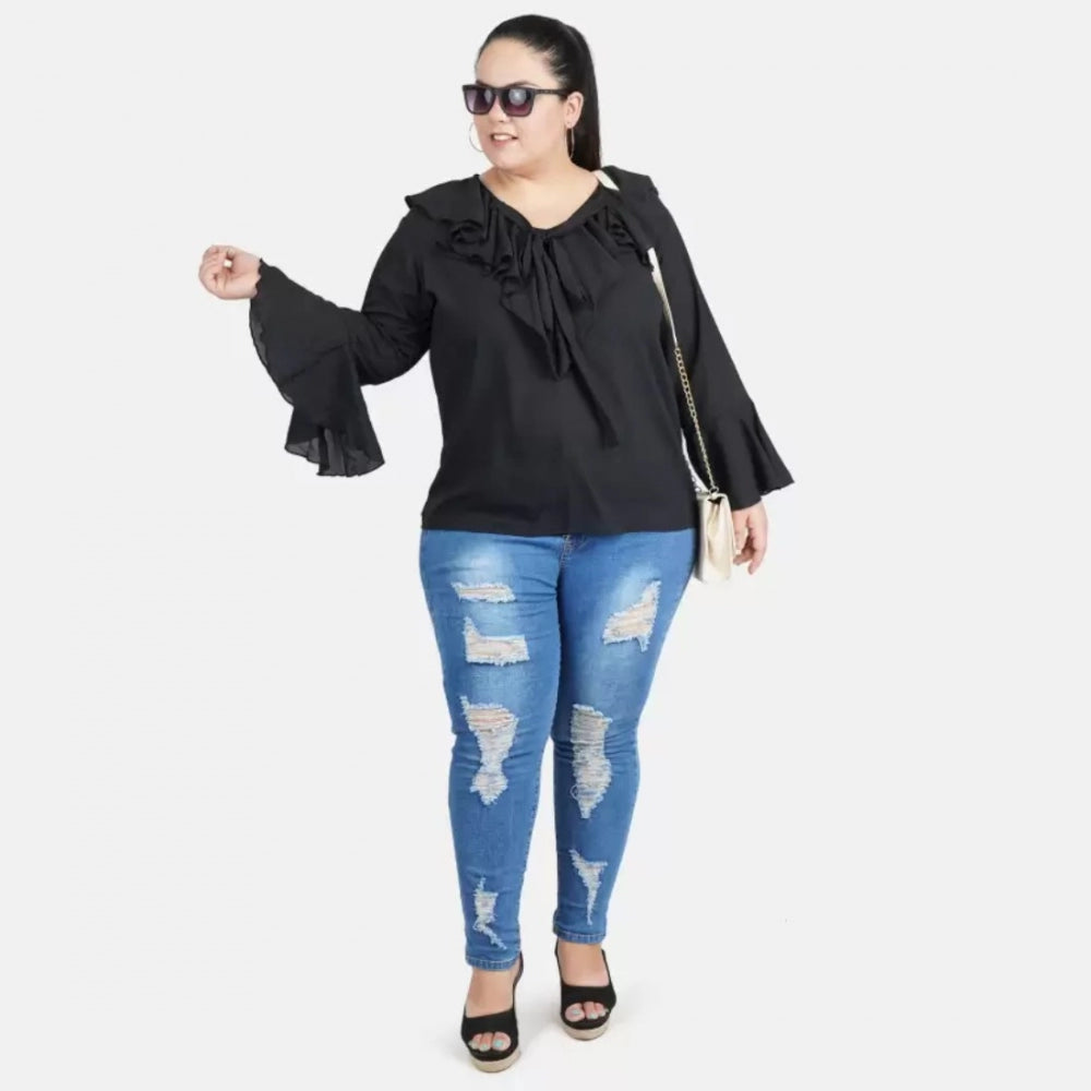 PKRKART Women's Casual Bell Sleeve Solid Black Top (Color:Black, Material:Georgette)