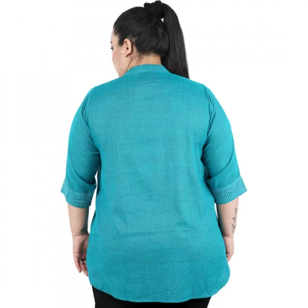 PKRKART Women's Casual Three Fourth Sleeve Embroidered Light Green Top (Color:Light Blue, Material:Cotton Linen Blend)