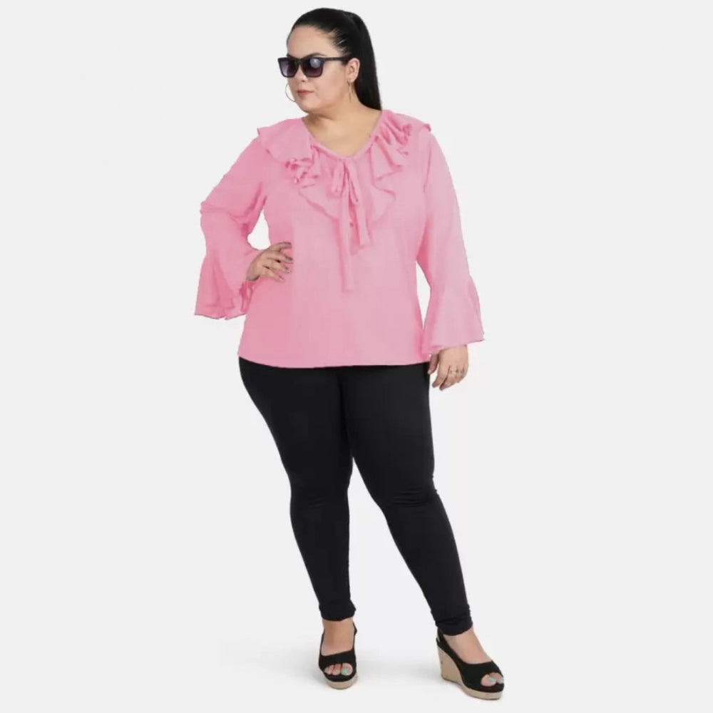 PKRKART Women's Casual Bell Sleeve Solid Pink Top (Color:Pink, Material:Georgette)