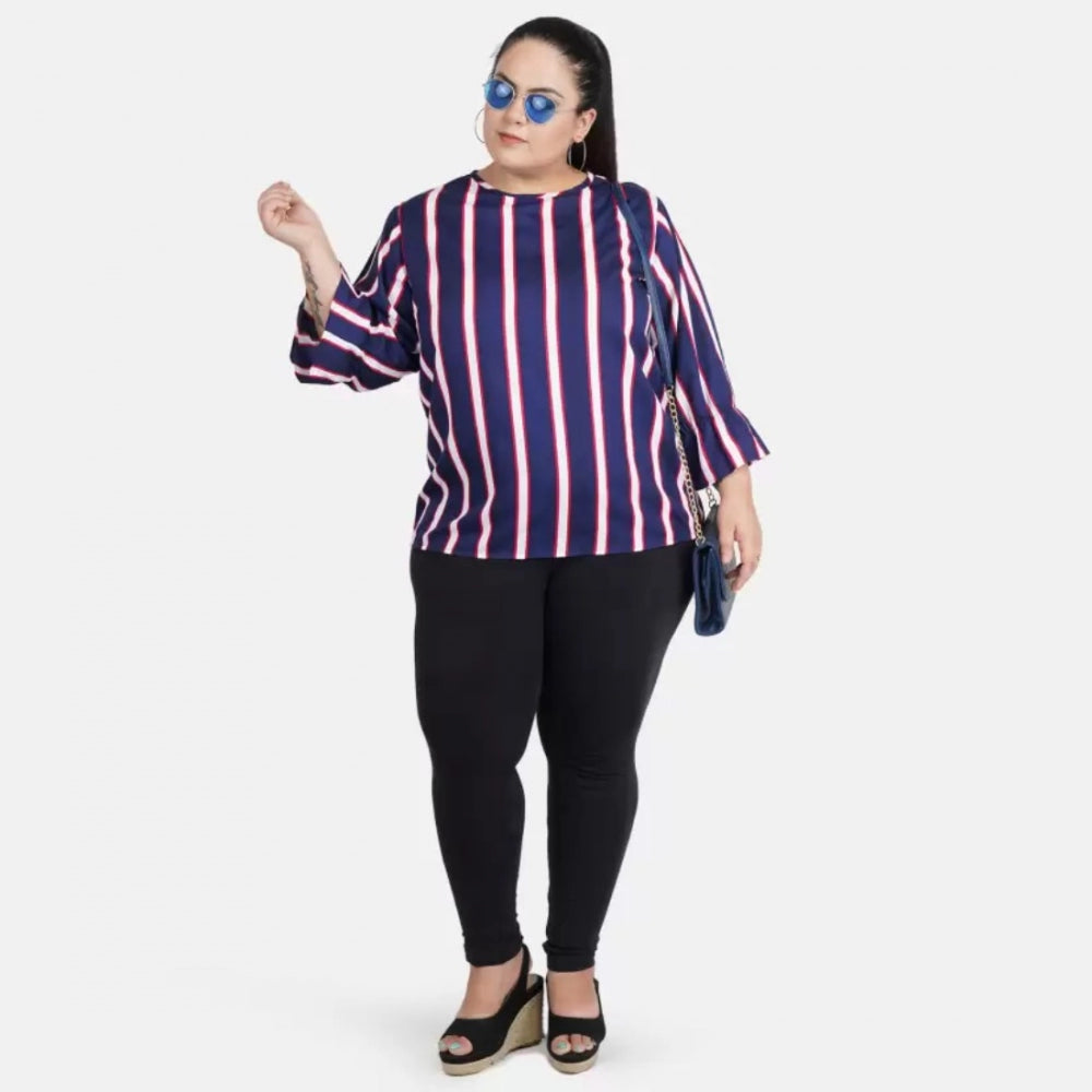 PKRKART Women's Casual Bell Sleeve Striped Blue Top (Color:Blue, Material:Crepe)