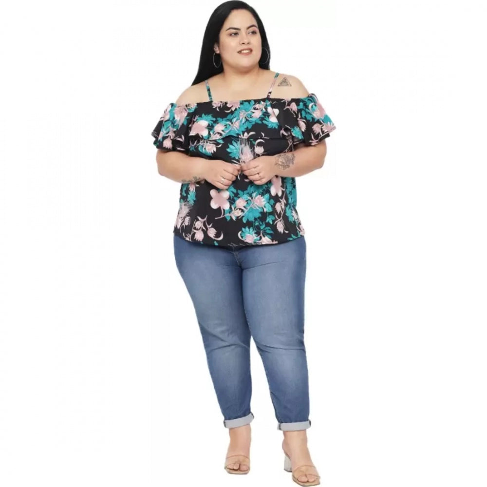 PKRKART Women's Casual Floral Print Black Top (Color:Black, Material:Polyester)