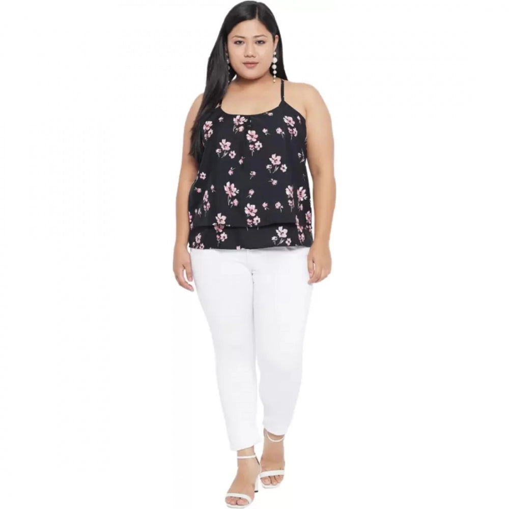PKRKART Women's Casual Floral Print Black Top (Color:Black, Material:Polyester)