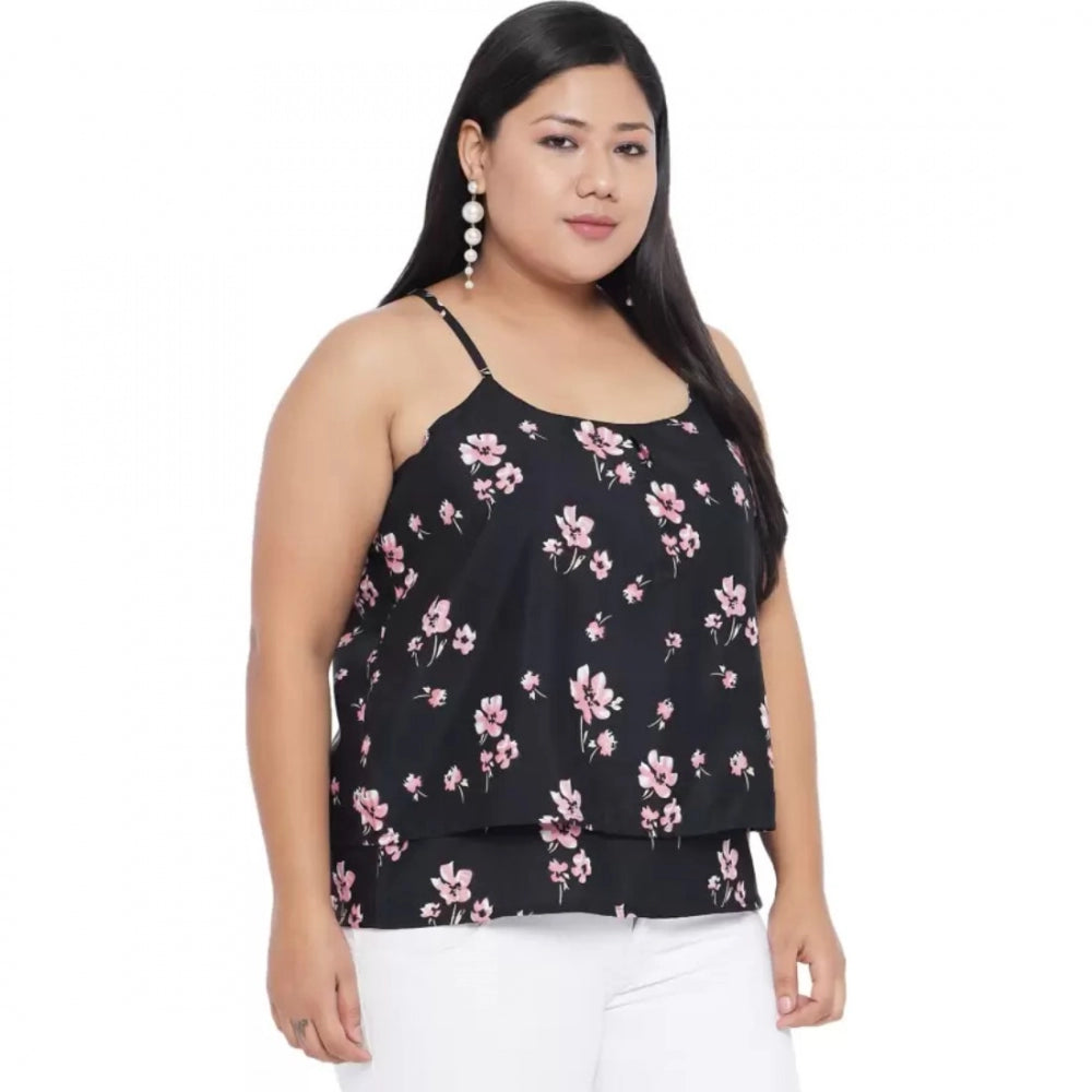 PKRKART Women's Casual Floral Print Black Top (Color:Black, Material:Polyester)
