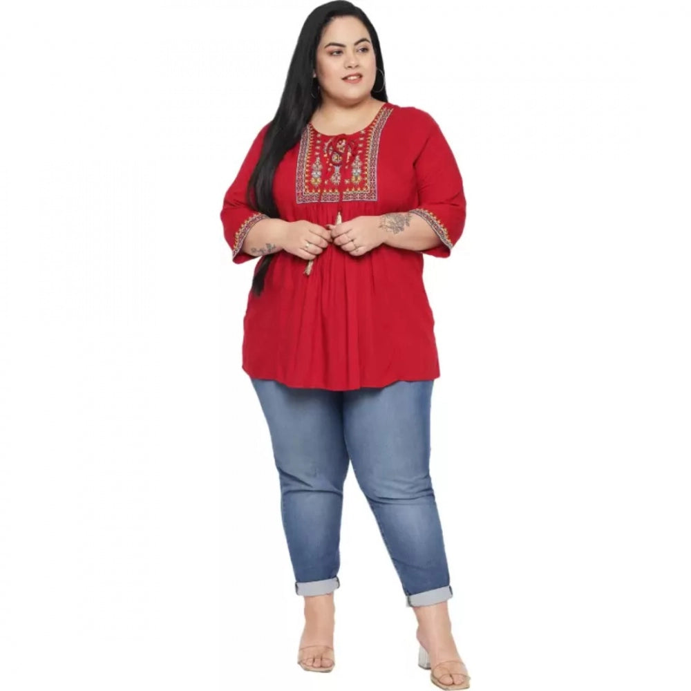 PKRKART Women's Casual Embroidered Maroon Top (Color:Maroon, Material:Rayon)