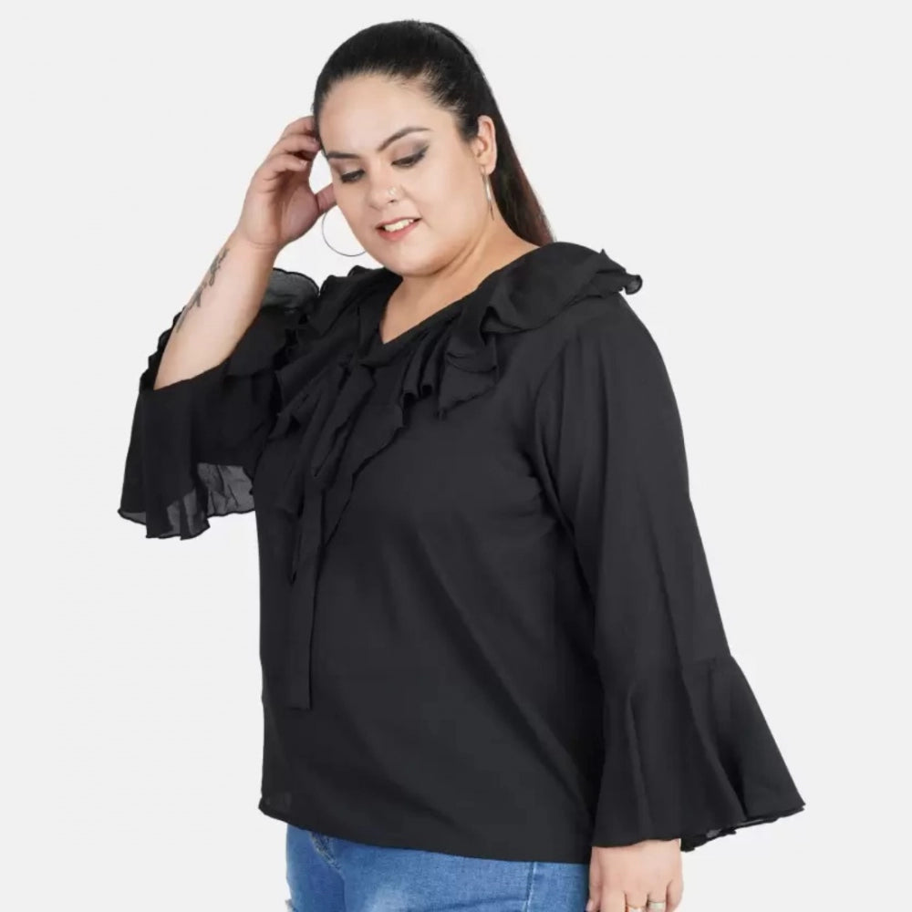 PKRKART Women's Casual Bell Sleeve Solid Black Top (Color:Black, Material:Georgette)