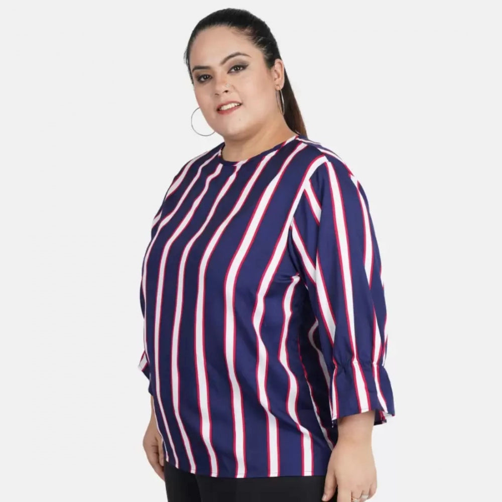 PKRKART Women's Casual Bell Sleeve Striped Blue Top (Color:Blue, Material:Crepe)