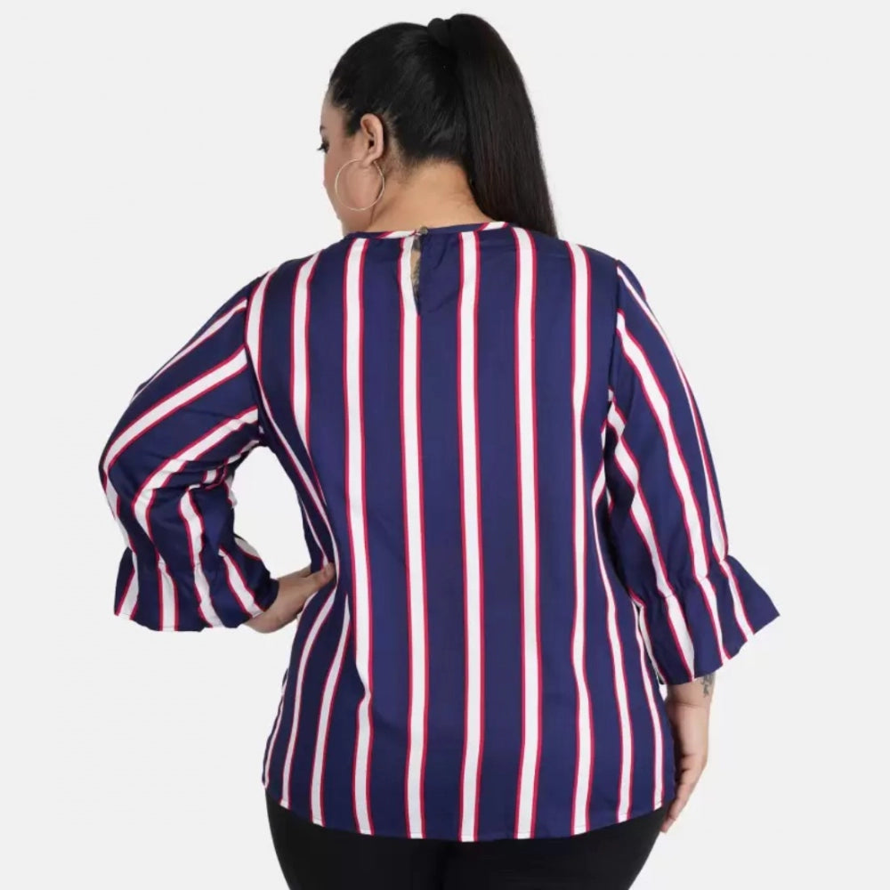 PKRKART Women's Casual Bell Sleeve Striped Blue Top (Color:Blue, Material:Crepe)