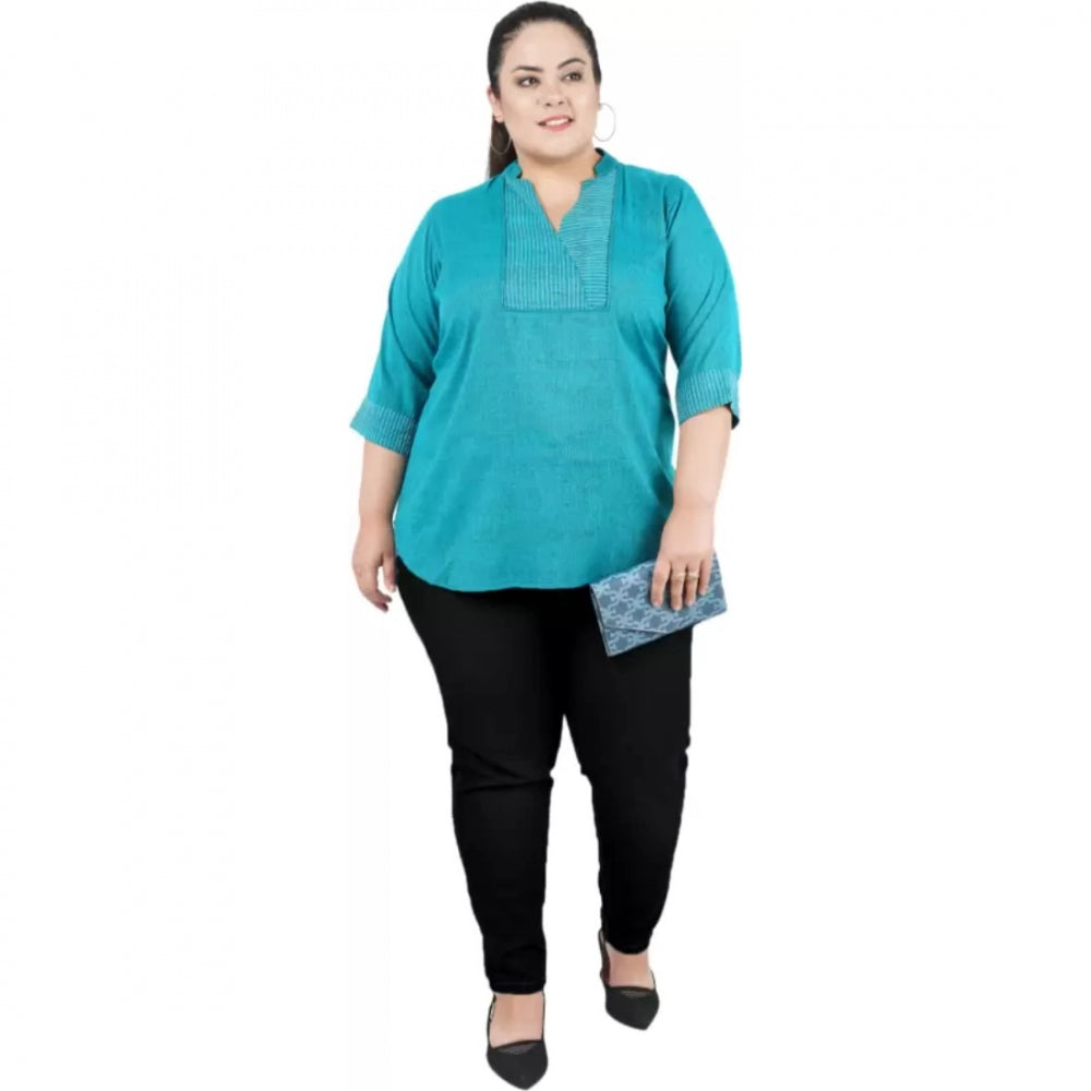 PKRKART Women's Casual Three Fourth Sleeve Embroidered Light Green Top (Color:Light Blue, Material:Cotton Linen Blend)